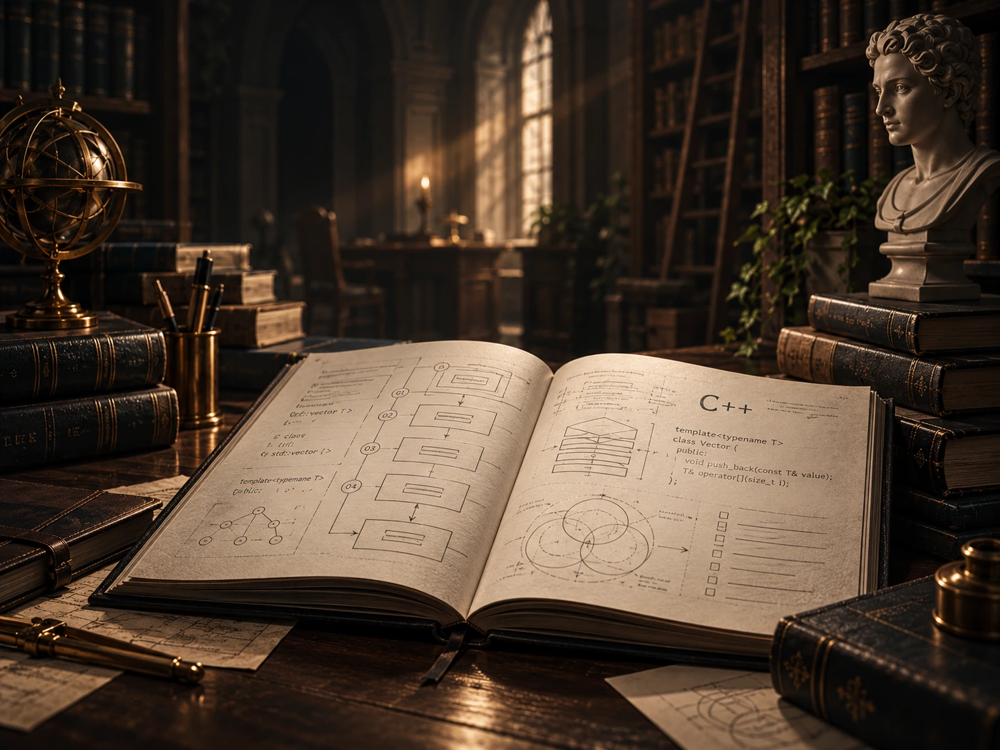Open technical guide with C++ diagrams in a classical study