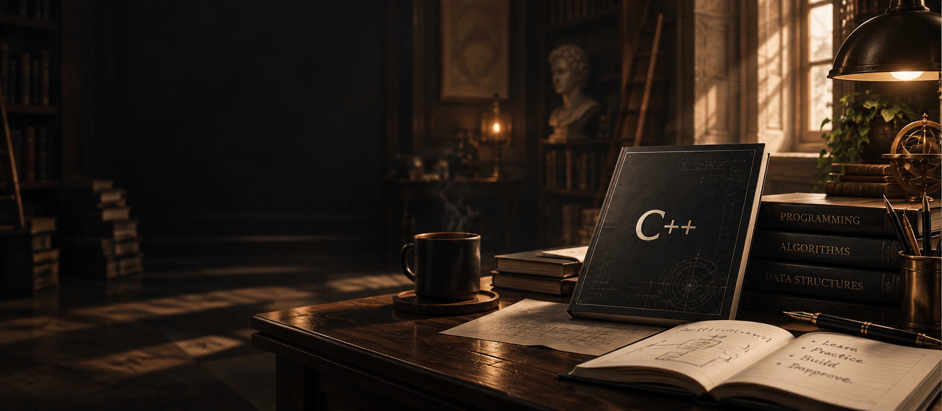 C++ guide on a classical study desk